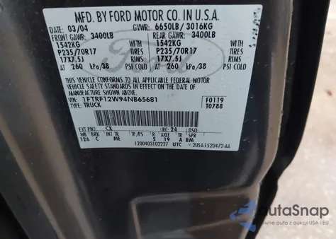 2004 Ford F-150 Stx/Xl/Xlt из США, поврежденный, VIN 1FTRF12W94NB65681